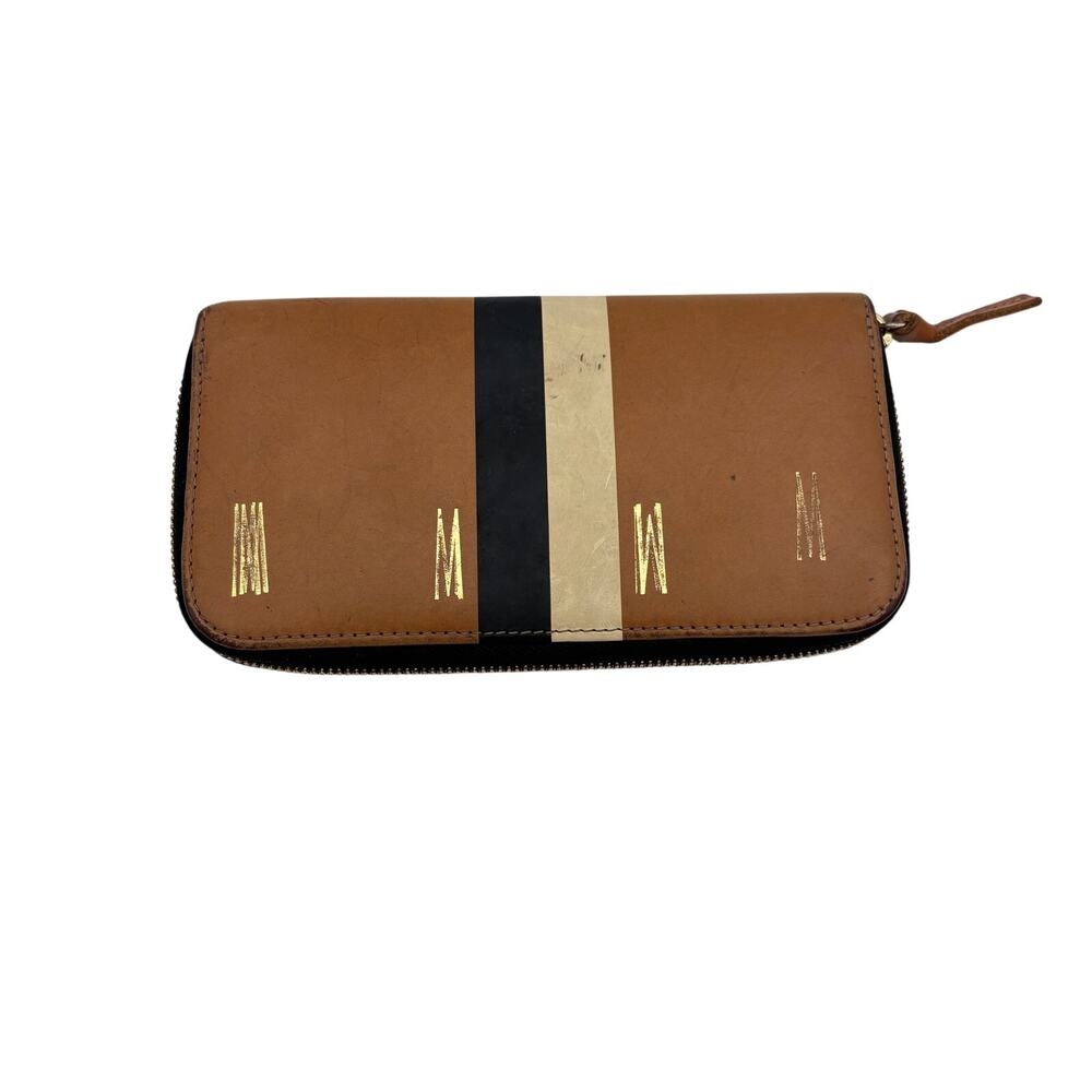 Clare V. Continental Printed Stripe Wallet Leather Tan Initial Logo Minimalist